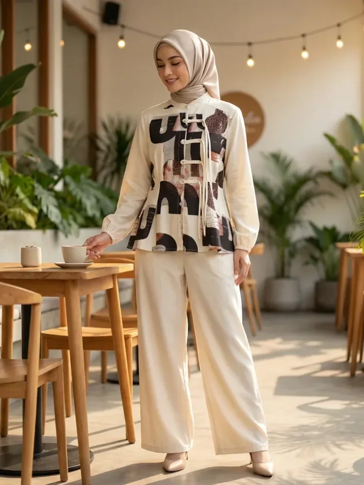 ASAYA Setelan kemeja lengan panjang dan celana panjang wanita dengan desain cetakan patchwork dan kancing buatan tangan