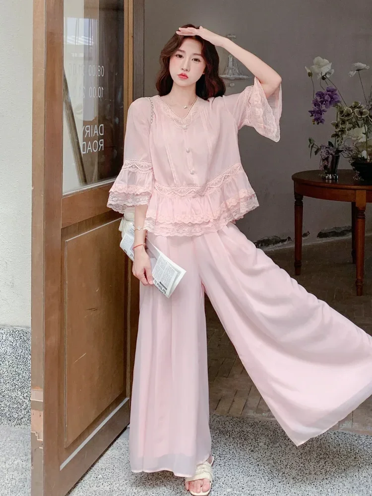 CHICMORE Setelan wanita kekinian lengan 3/4 celana kulot lebar pesta elegan