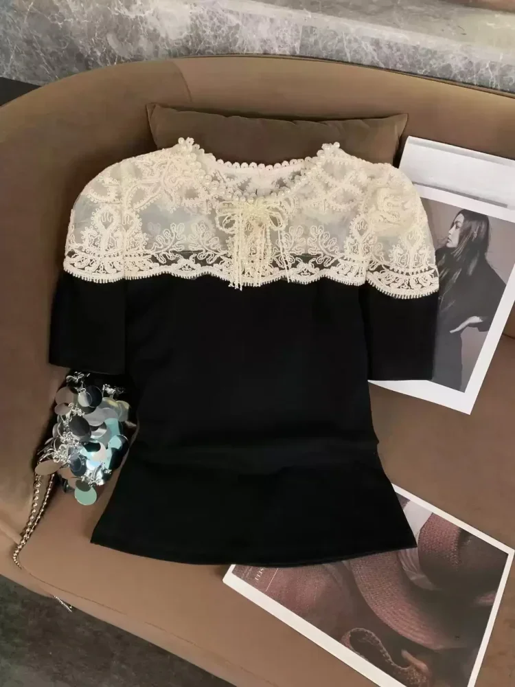 FADFAD Atasan wanita dengan lengan pendek kerah berpita gaya elegan baru untuk wanita