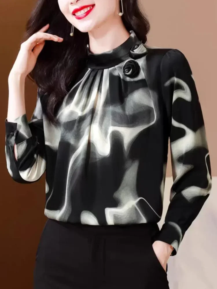 FADFAD Atasan motif cetak lengan panjang kerah leher bulat gaya kasual wanita