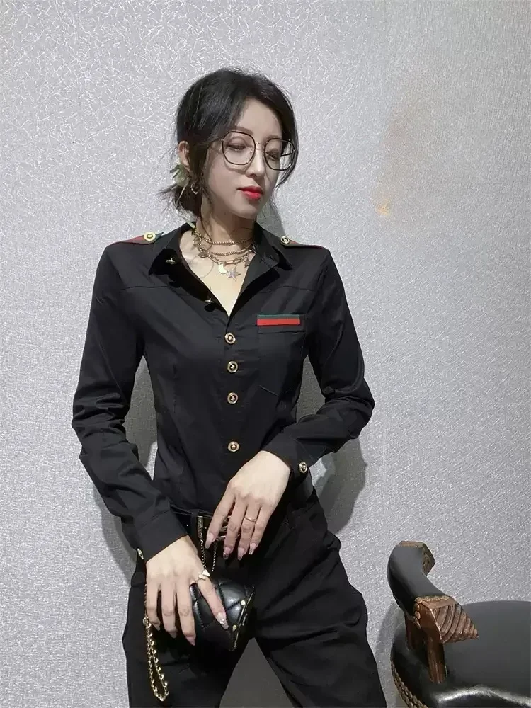 FADFAD Atasan kemeja kancing sebaris dengan lengan panjang gaya elegan untuk wanita