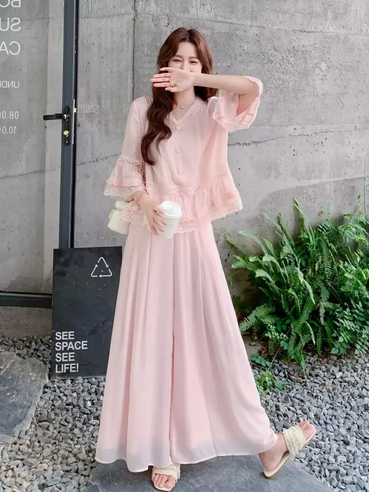CHICMORE Setelan wanita kekinian lengan 3/4 celana kulot lebar pesta elegan