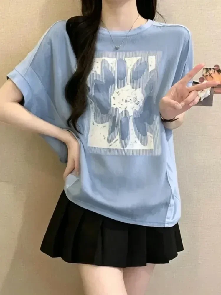 ASAYA Atasan kaos kerah bulat lengan pendek dan bermotif unik