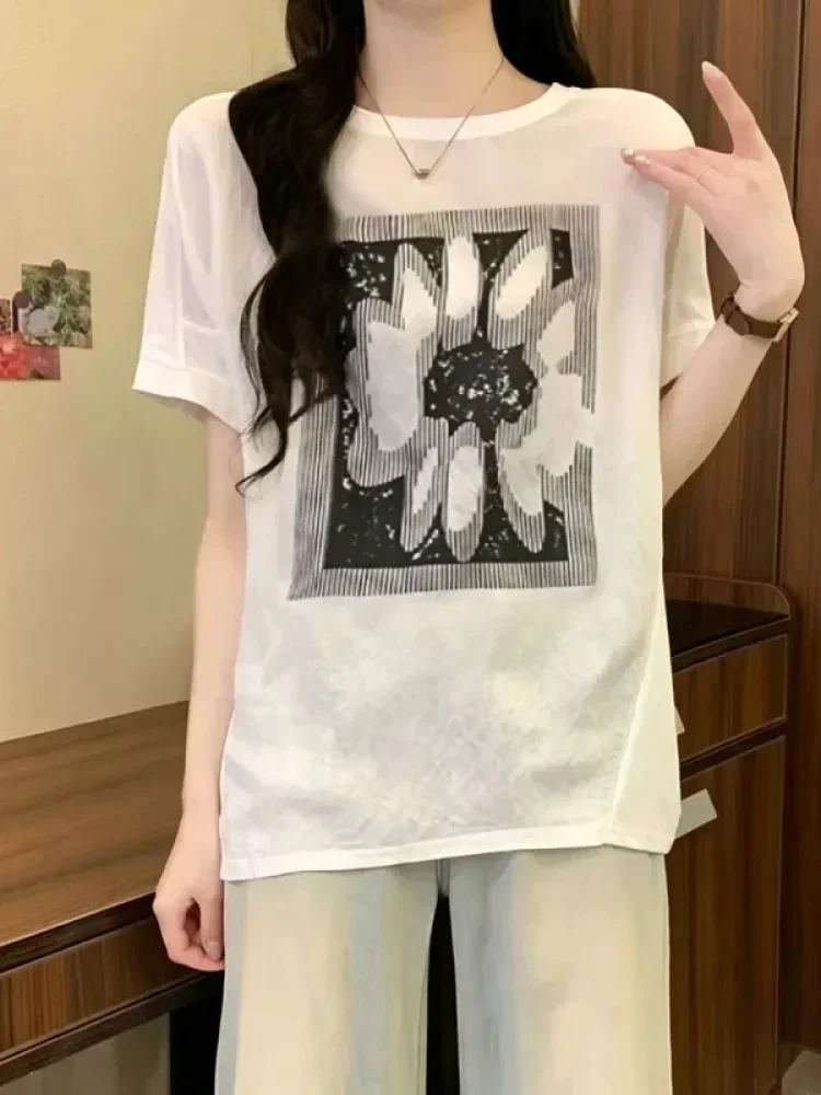 ASAYA Atasan kaos kerah bulat lengan pendek dan bermotif unik