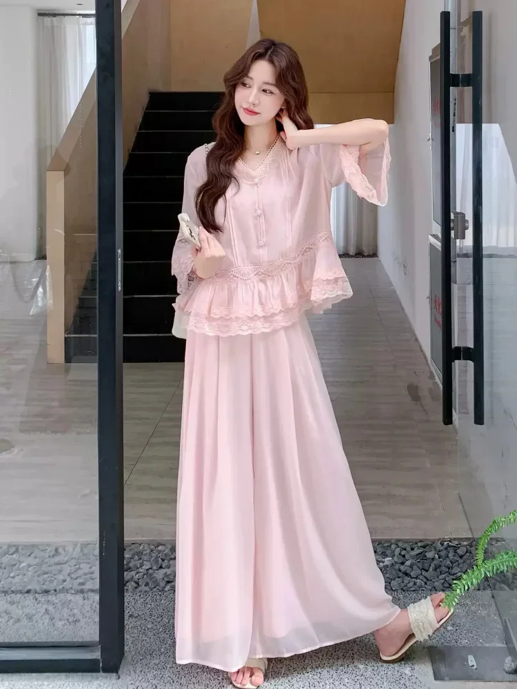 CHICMORE Setelan wanita kekinian lengan 3/4 celana kulot lebar pesta elegan