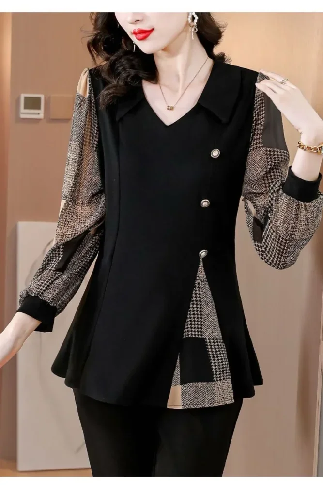 FADFAD Blouse motif cetak unik dengan kerah v manis dan lengan panjang wanita kelas atas