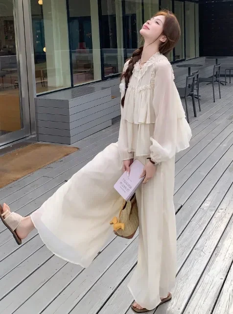 CHICMORE Setelan wanita dua potong atasan kemeja lengan panjang model ruffle dan cenala panjang longgar