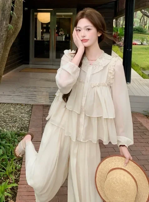 CHICMORE Setelan wanita dua potong atasan kemeja lengan panjang model ruffle dan cenala panjang longgar