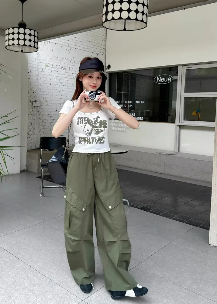 FADFAD Setelan dua potong retro atasan crop kerah persegi & celana kargo