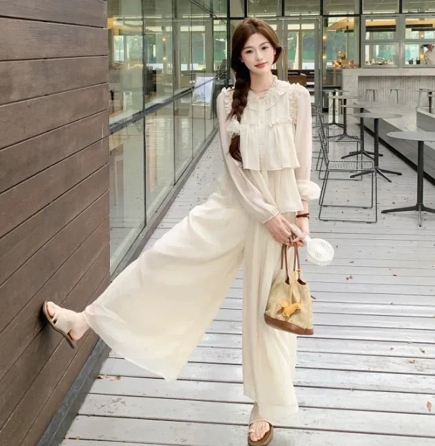 CHICMORE Setelan wanita dua potong atasan kemeja lengan panjang model ruffle dan cenala panjang longgar