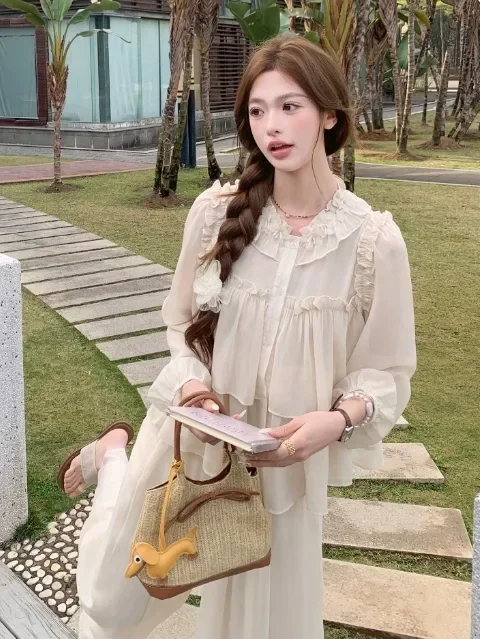 CHICMORE Setelan wanita dua potong atasan kemeja lengan panjang model ruffle dan cenala panjang longgar