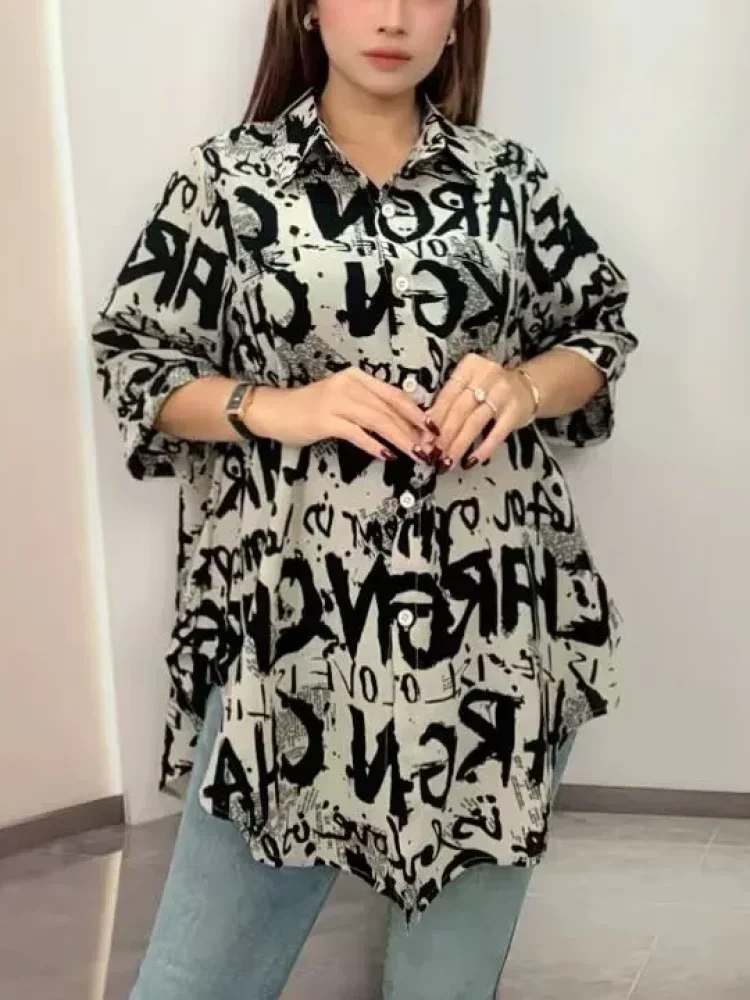 ASAYA Atasan kemeja wanita motif printed dengan lengan tiga perempat