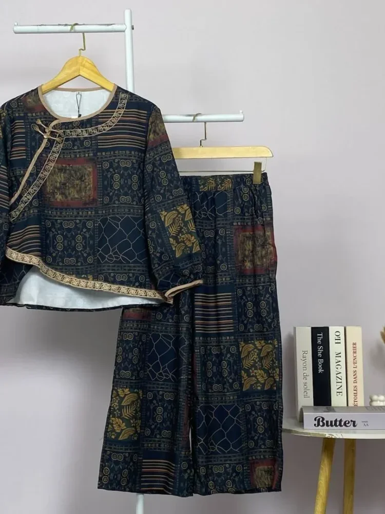 [READY STOCK]FADFAD Setelan dua potong motif patchwork dengan lengan tiga perempat dan celana panjang kaki lebar
