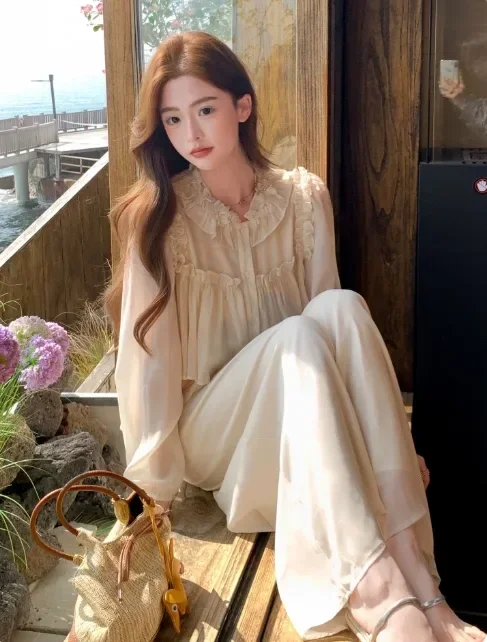 CHICMORE Setelan wanita dua potong atasan kemeja lengan panjang model ruffle dan cenala panjang longgar