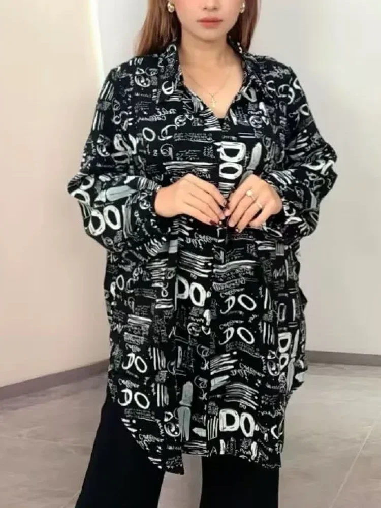 ASAYA Atasan wanita kemeja longar lengan panjang motif cetak kasual