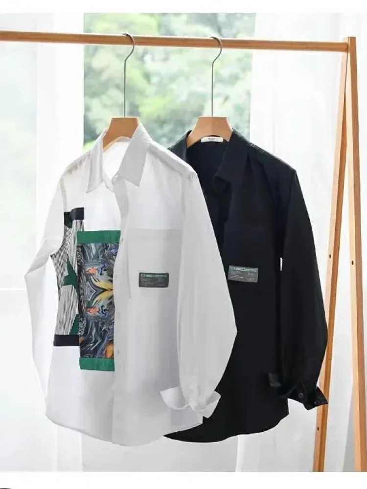 CHICMORE Atasan kemeja desain gambar bunga dengan lengan panjang modis stylish dan kerah polo untuk wanita
