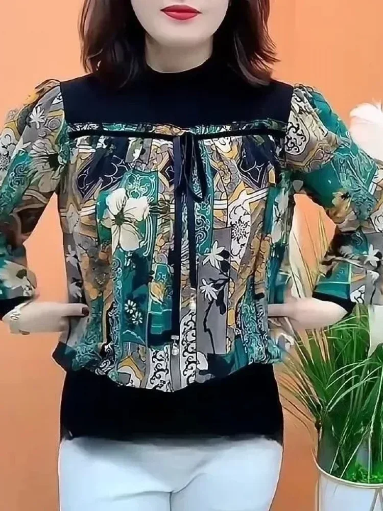 FADFAD Blouse lengan panjang kerah bulat motif cetak bergaya retro baru untuk wanita