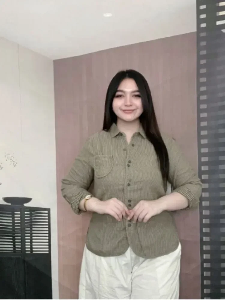 FADFAD Kemeja lengan panjang motif  bergaris gaya retro untuk wanita
