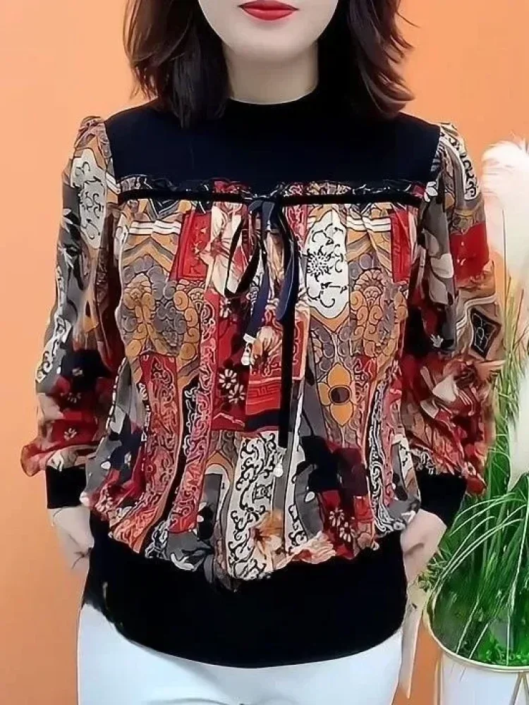 FADFAD Blouse lengan panjang kerah bulat motif cetak bergaya retro baru untuk wanita