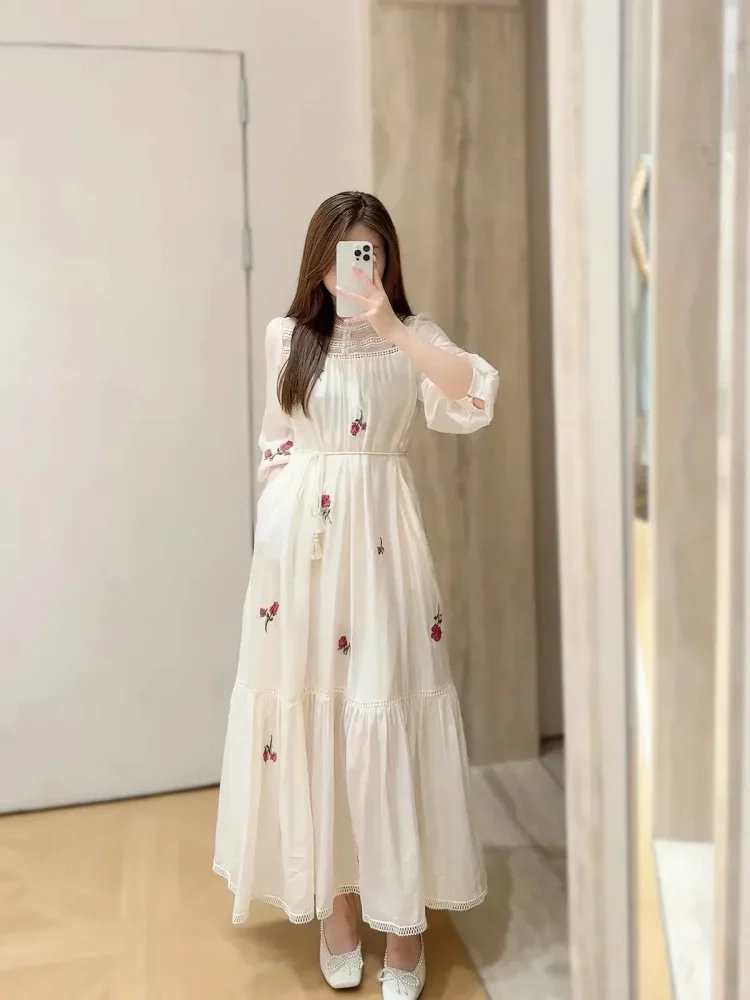 CHICMORE Gaun maxi lengan panjang model longgar dengan motif terbaru kekinian