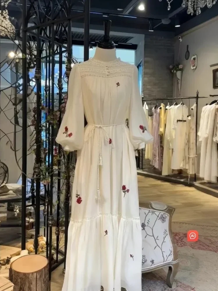 CHICMORE Gaun maxi lengan panjang model longgar dengan motif terbaru kekinian