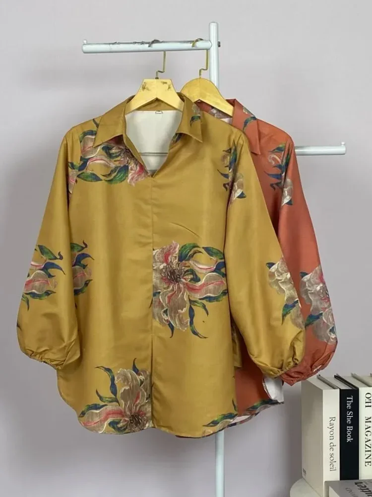 ASAYA Atasan gaya retro kerah v model longgar motif cetak untuk wanita