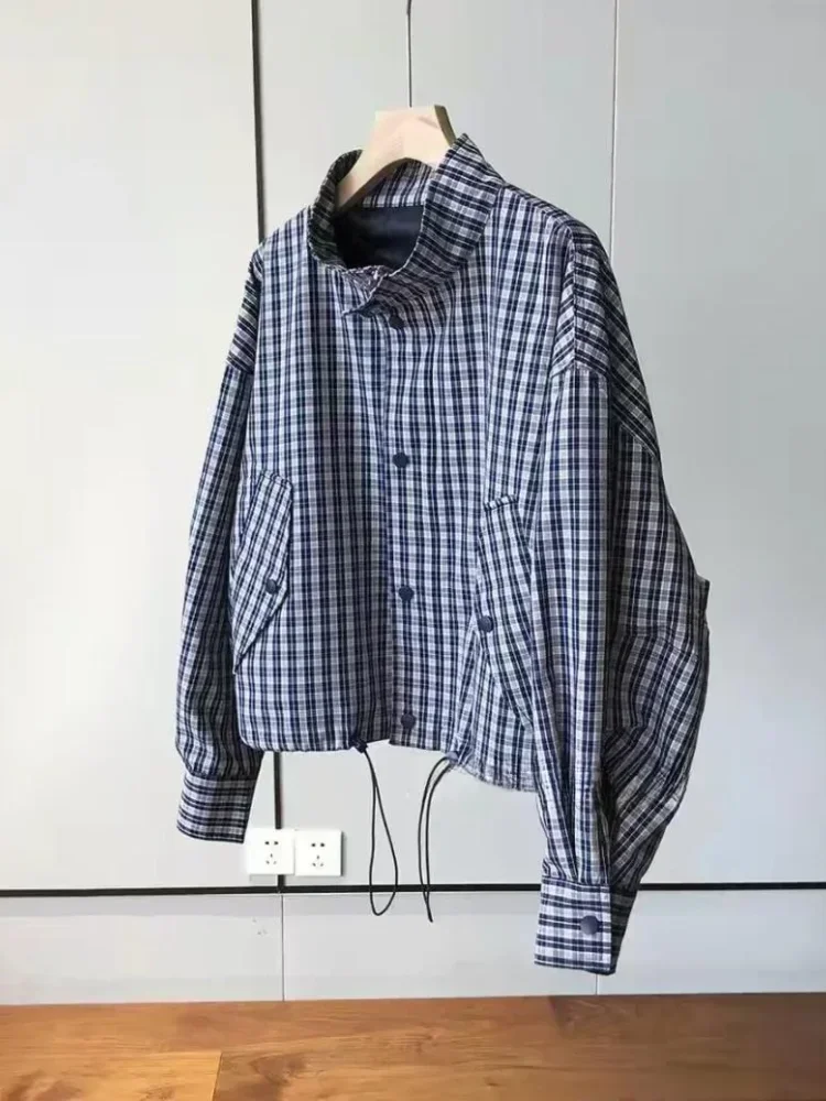 CHICMORE Atasan jaket motif kotak kotak lengan panjang gaya modis kekinian