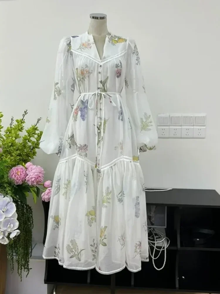CHICMORE Gaun maxi a-line yang elegan bermotif lengan puff