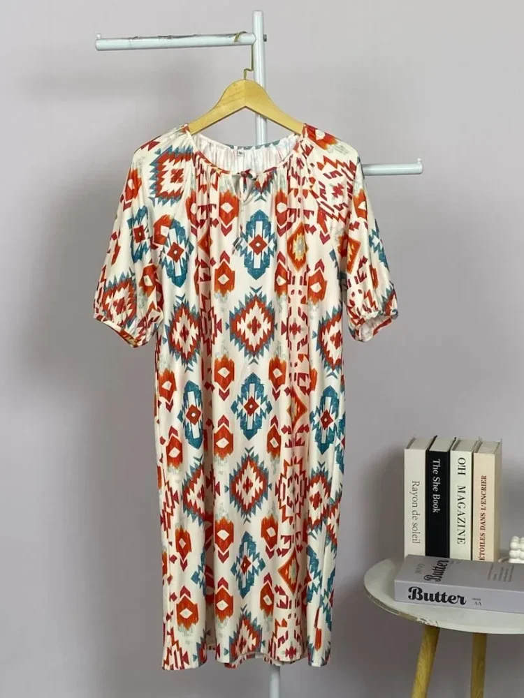 ASAYA Gaun tidur wanita lengan pendek dengan motif baru bergaya eksotis klasik