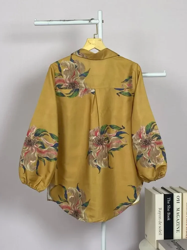 ASAYA Atasan gaya retro kerah v model longgar motif cetak untuk wanita