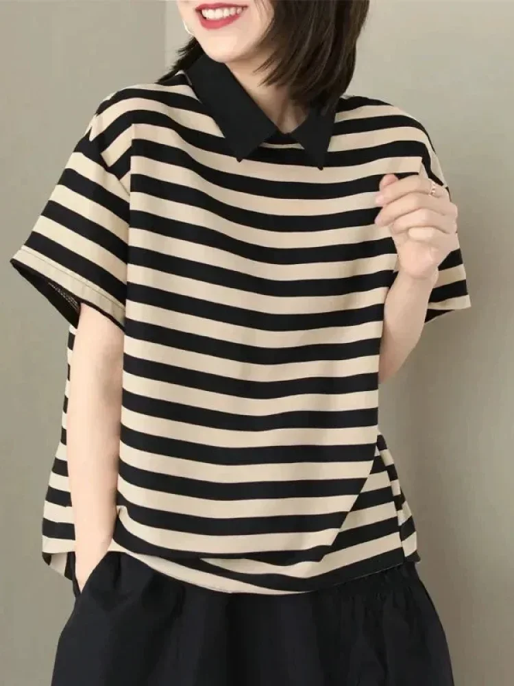 ASAYA Atasan kaus wanita kerah polo dengan motif garis-garis besar
