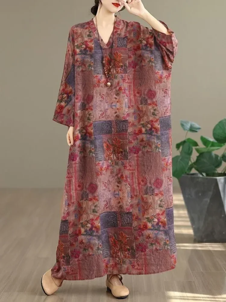 ASAYA Gaun panjang longgar kasual tipis bermotif dengan desain mode elegan