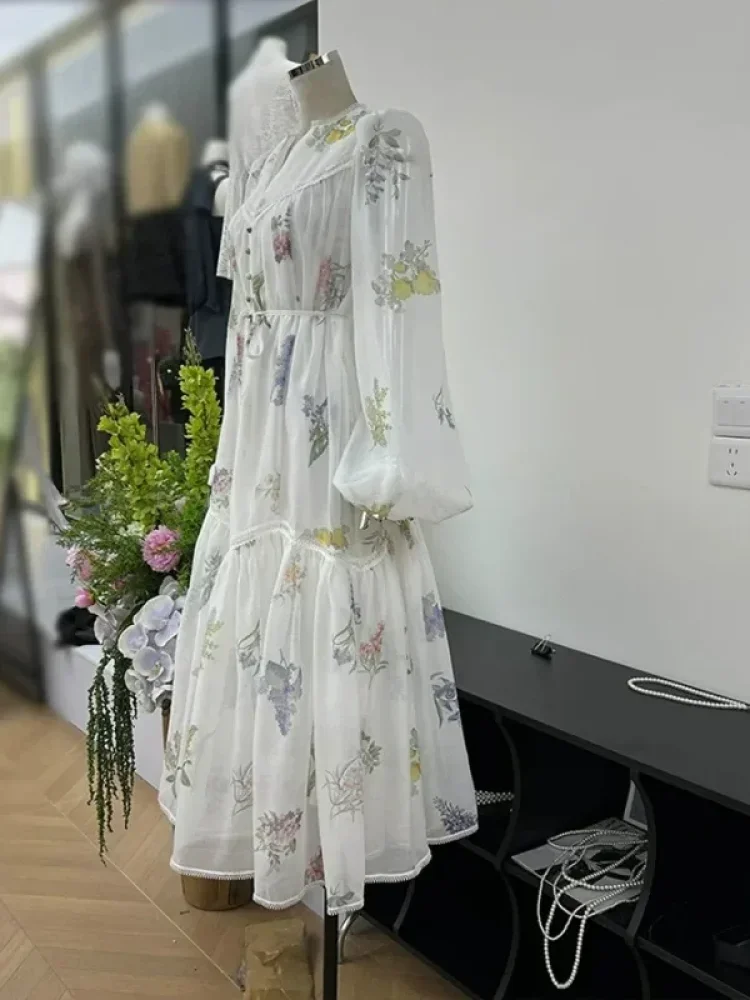 CHICMORE Gaun maxi a-line yang elegan bermotif lengan puff
