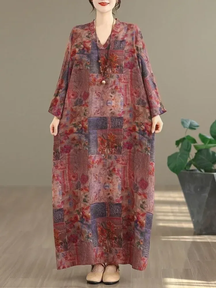 ASAYA Gaun panjang longgar kasual tipis bermotif dengan desain mode elegan