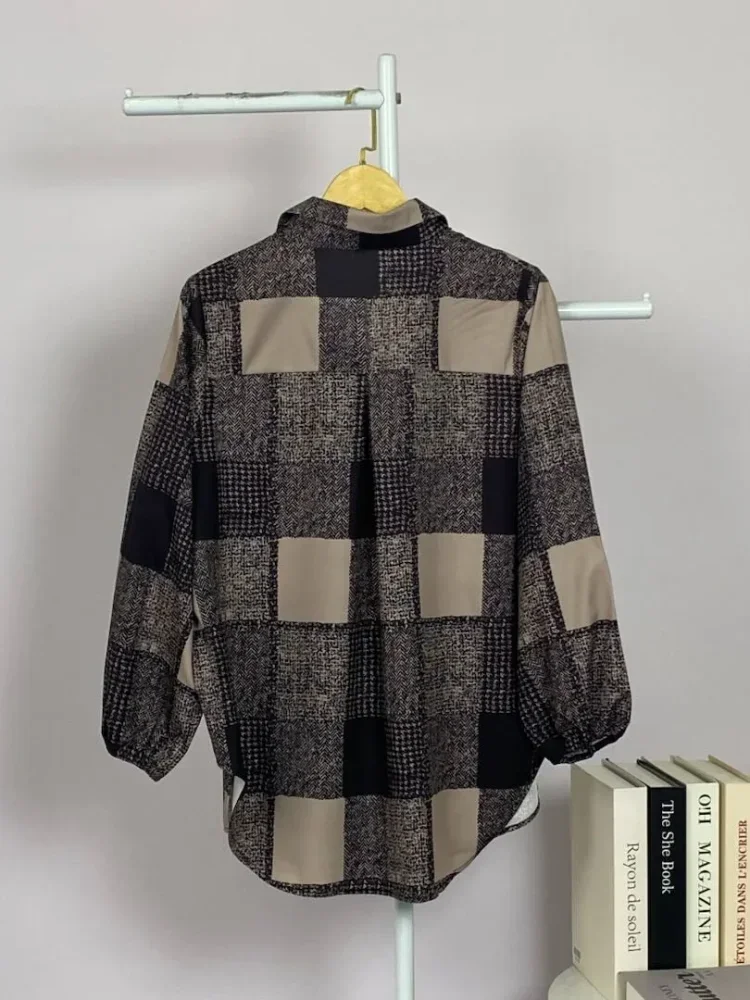 ASAYA Atasan gaya retro kerah v model longgar motif cetak untuk wanita