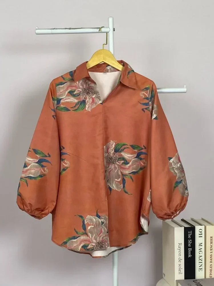 ASAYA Atasan gaya retro kerah v model longgar motif cetak untuk wanita