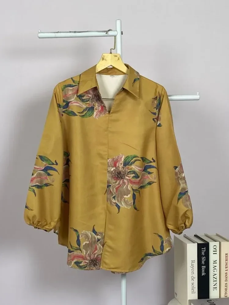 ASAYA Atasan gaya retro kerah v model longgar motif cetak untuk wanita