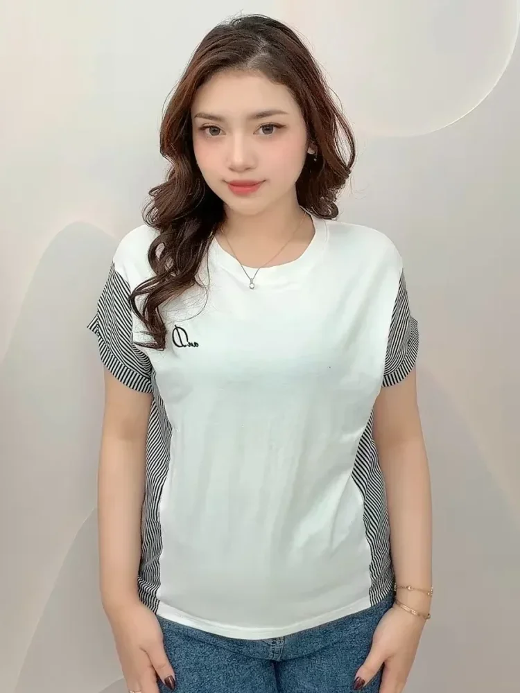 ASAYA Atasan wanita motif cetak baru dengan lengan pendek dan kerah bulat manis