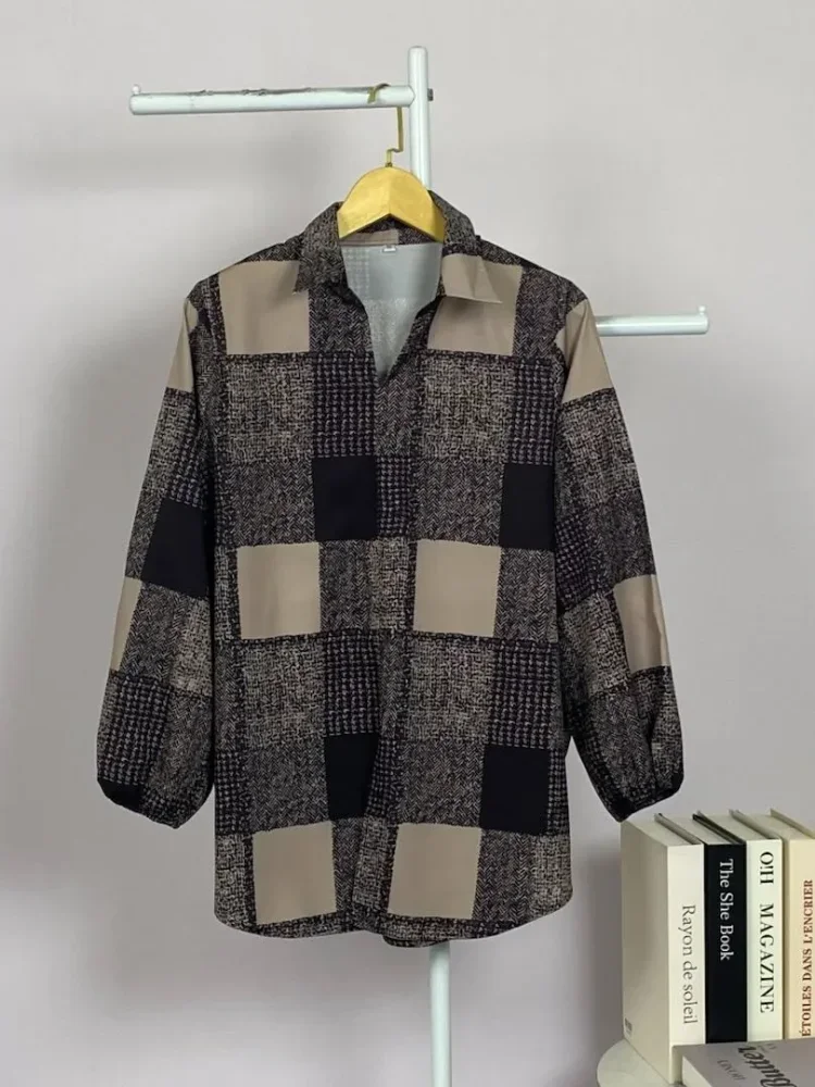 ASAYA Atasan gaya retro kerah v model longgar motif cetak untuk wanita