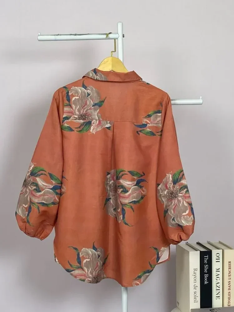 ASAYA Atasan gaya retro kerah v model longgar motif cetak untuk wanita