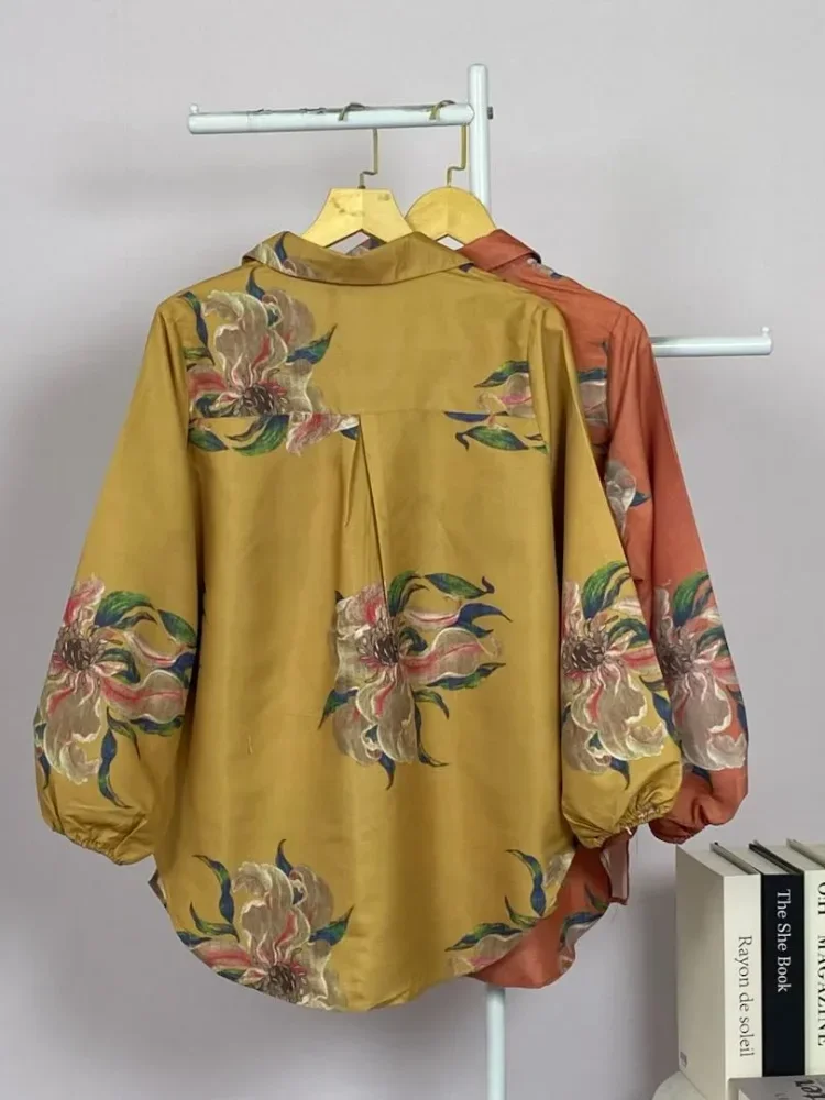 ASAYA Atasan gaya retro kerah v model longgar motif cetak untuk wanita