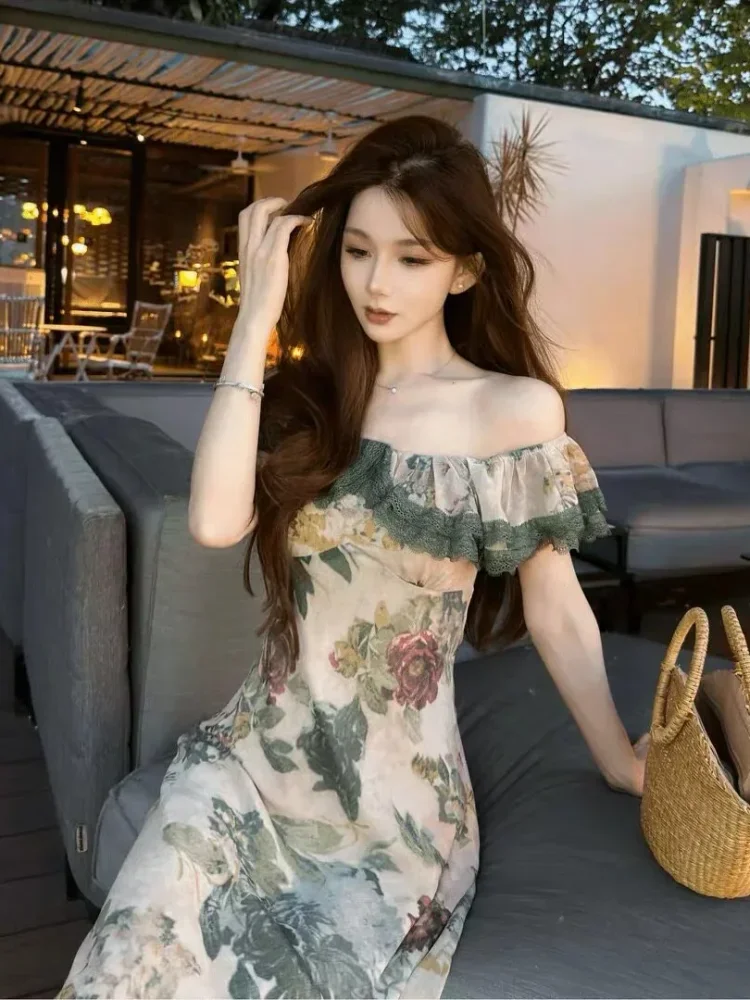 FADFAD Gaun wanita motif lukisan bunga off-shoulder elegan