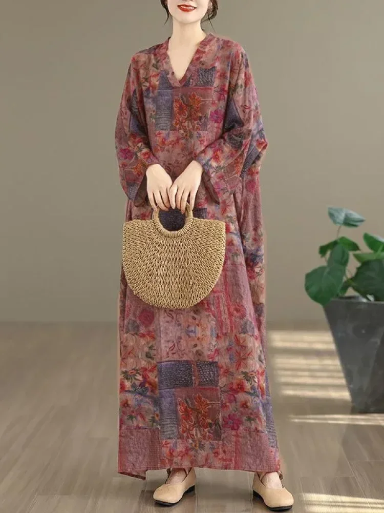 ASAYA Gaun panjang longgar kasual tipis bermotif dengan desain mode elegan