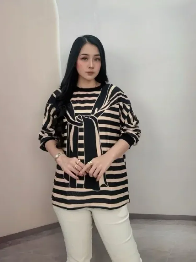 FADFAD Atasan blouse wanita lengan 3/4 dengan motif striped pita