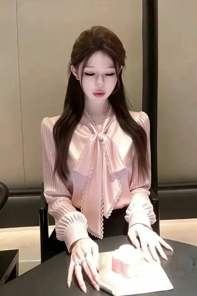 FADFAD Atasan blouse lengan panjang kerah tie neck gaya elegan untuk wanita
