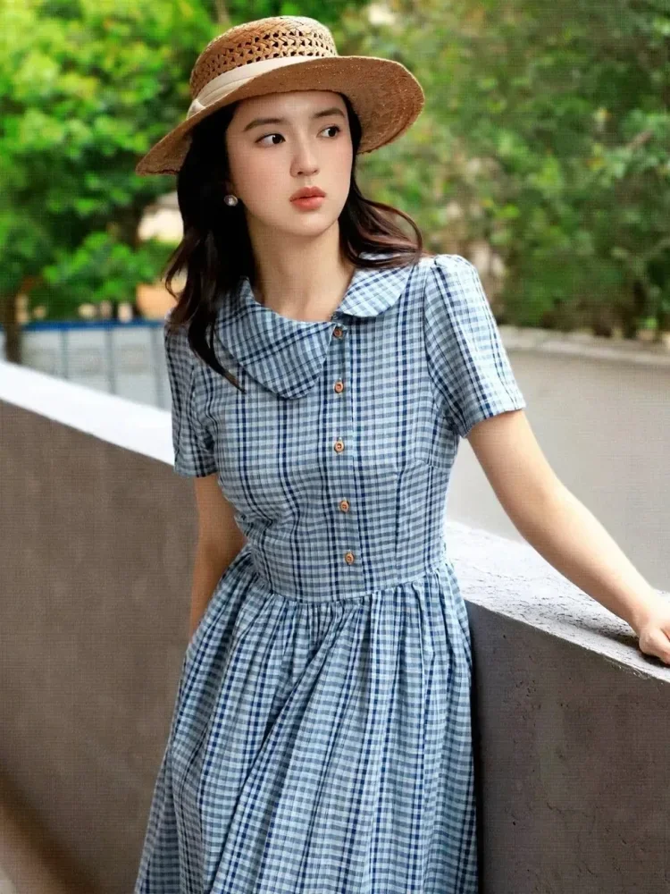 FADFAD Gaun kerah peter pan motif kotak-kotak retro untuk wanita