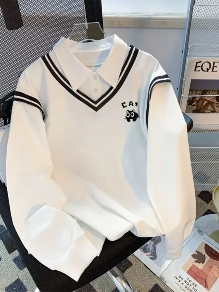 FADFAD Atasan dua potong lengan panjang kerah polo gaya kekinian korea untuk wanita