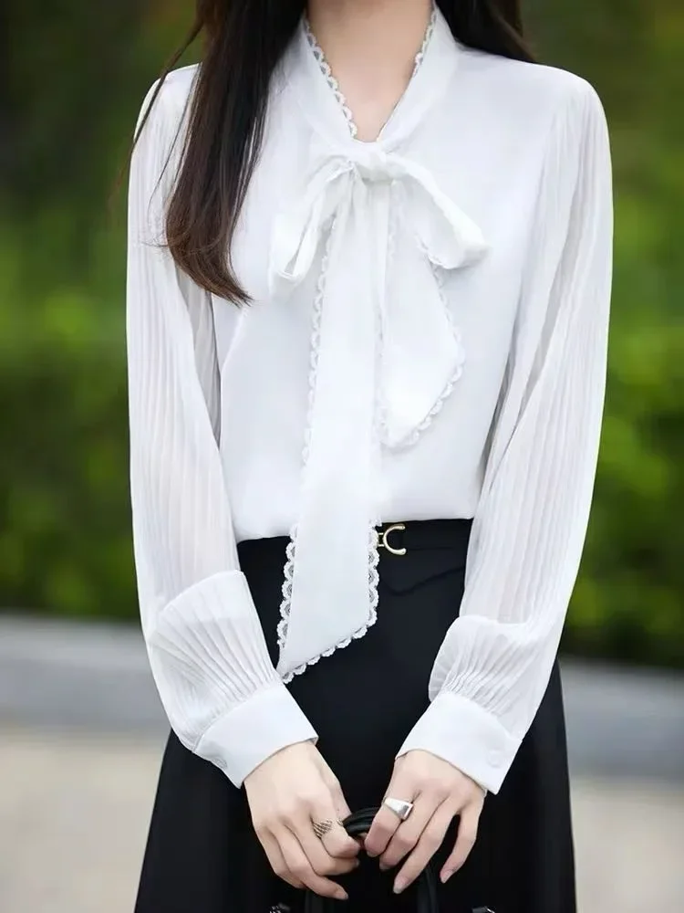 FADFAD Atasan blouse lengan panjang kerah tie neck gaya elegan untuk wanita