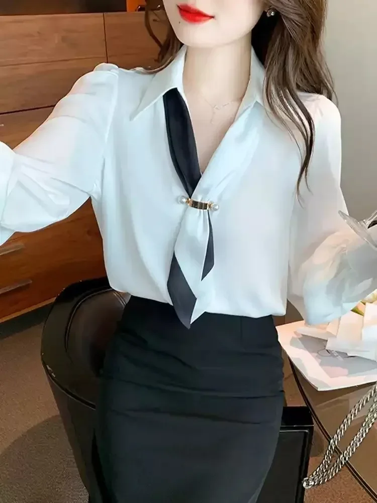 FADFAD Atasan kemeja lengan panjang gaya kekinian elegan dengan pita cantik