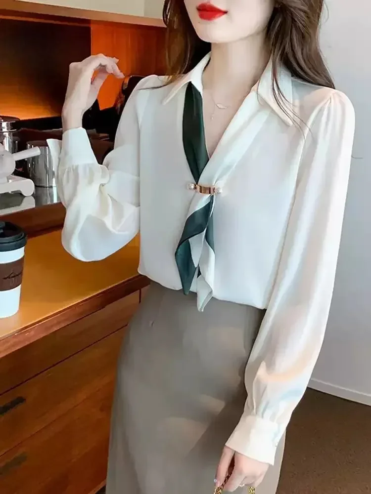 FADFAD Atasan kemeja lengan panjang gaya kekinian elegan dengan pita cantik